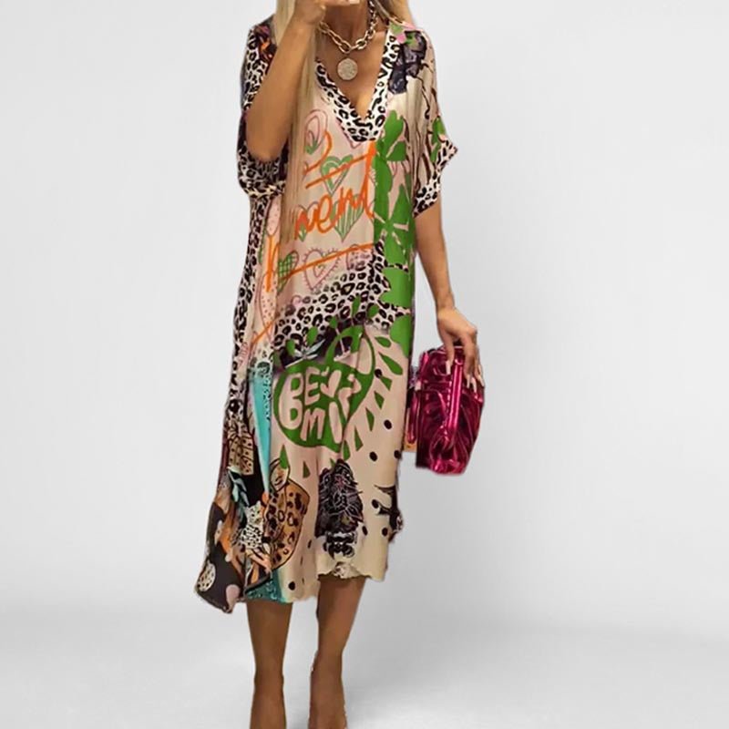 Effortless Leopard Print Kaftan Midi Dress for Women with V Neck Batwing Sleeve Flowing Bohemian Style