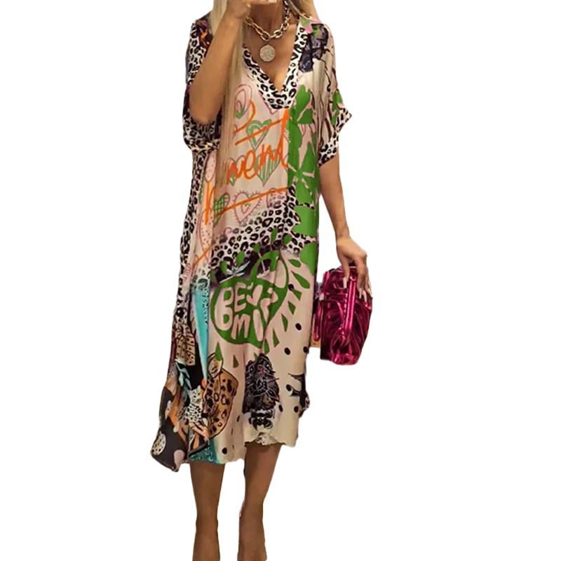Effortless Leopard Print Kaftan Midi Dress for Women with V Neck Batwing Sleeve Flowing Bohemian Style