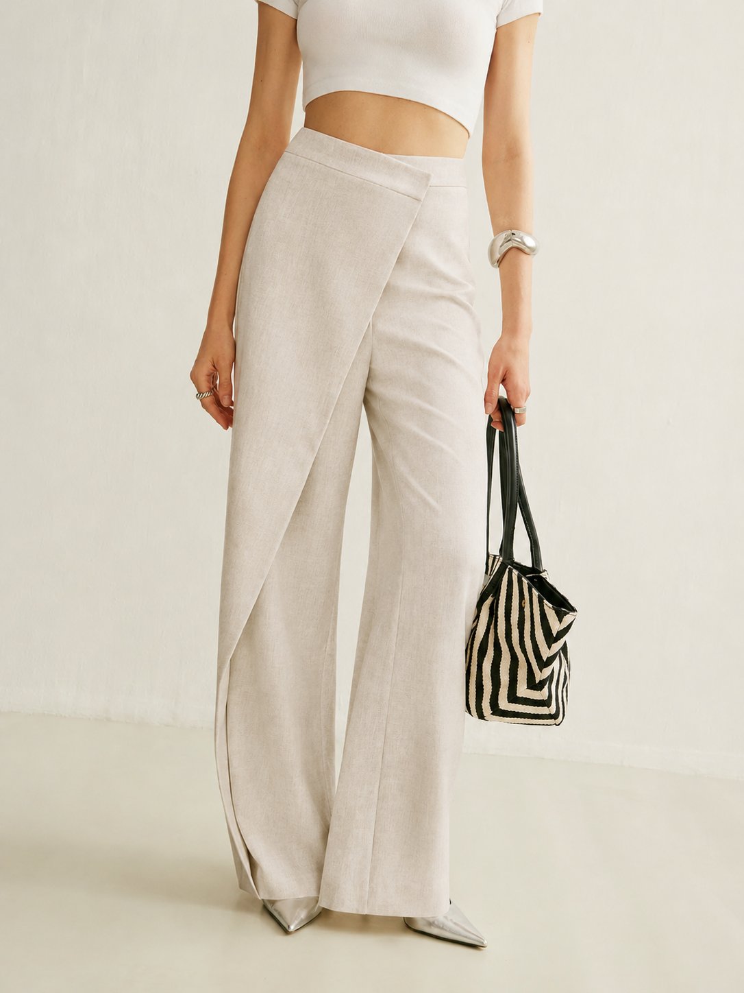 Effortless Wrap Front Wide Leg Pants for Women with High Waist Tailored Flared Relaxed Style