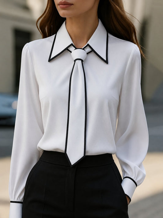 Elegant Satin Blouse for Women with Point Collar Long Sleeve Contrast Trim Silky Style