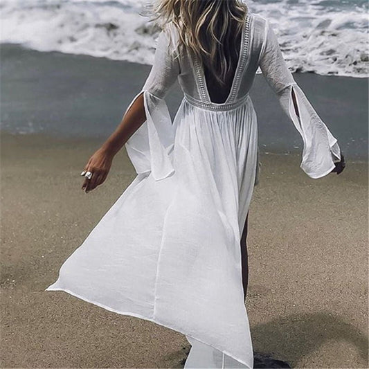 Effortless White Kaftan Maxi Dress for Women with V Neck Bell Sleeve Backless Flowing Bohemian Style
