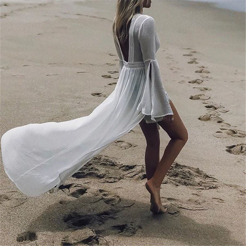 Effortless White Kaftan Maxi Dress for Women with V Neck Bell Sleeve Backless Flowing Bohemian Style
