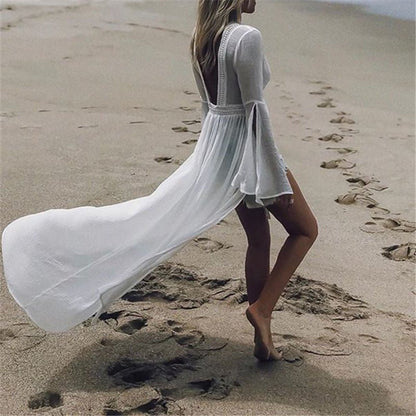 Effortless White Kaftan Maxi Dress for Women with V Neck Bell Sleeve Backless Flowing Bohemian Style