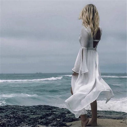 Effortless White Kaftan Maxi Dress for Women with V Neck Bell Sleeve Backless Flowing Bohemian Style