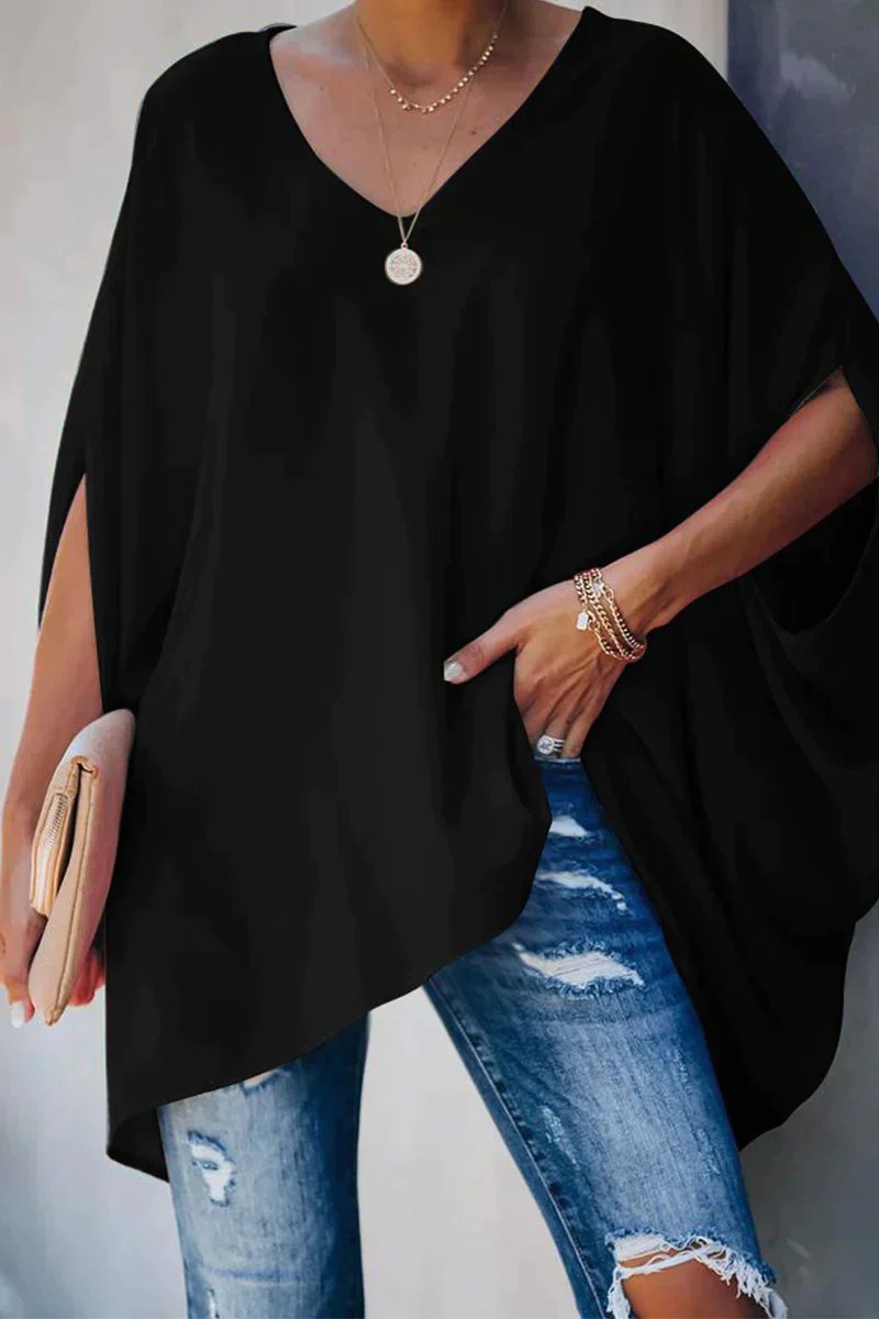 Effortless Poncho Top for Women with V Neck Batwing Sleeve High Low Flowing Style