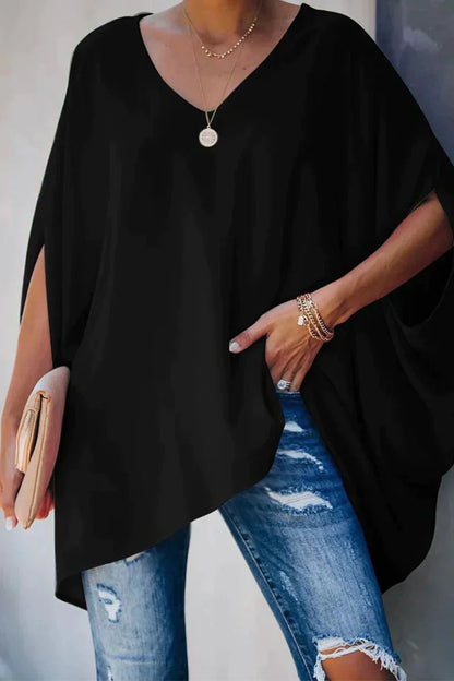 Effortless Poncho Top for Women with V Neck Batwing Sleeve High Low Flowing Style