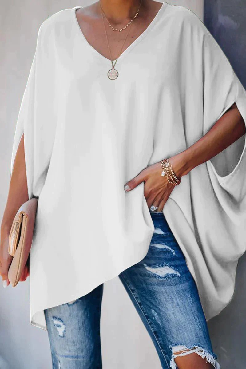 Effortless Poncho Top for Women with V Neck Batwing Sleeve High Low Flowing Style