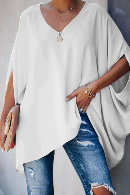 Effortless Poncho Top for Women with V Neck Batwing Sleeve High Low Flowing Style