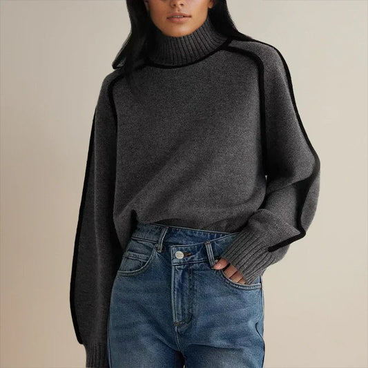 Comfortable Contrast Piping Sweater for Women with Turtleneck Long Sleeve Oversized Knit Style