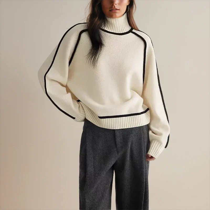 Comfortable Contrast Piping Sweater for Women with Turtleneck Long Sleeve Oversized Knit Style