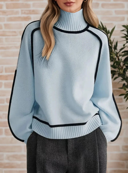 Comfortable Contrast Piping Sweater for Women with Turtleneck Long Sleeve Oversized Knit Style