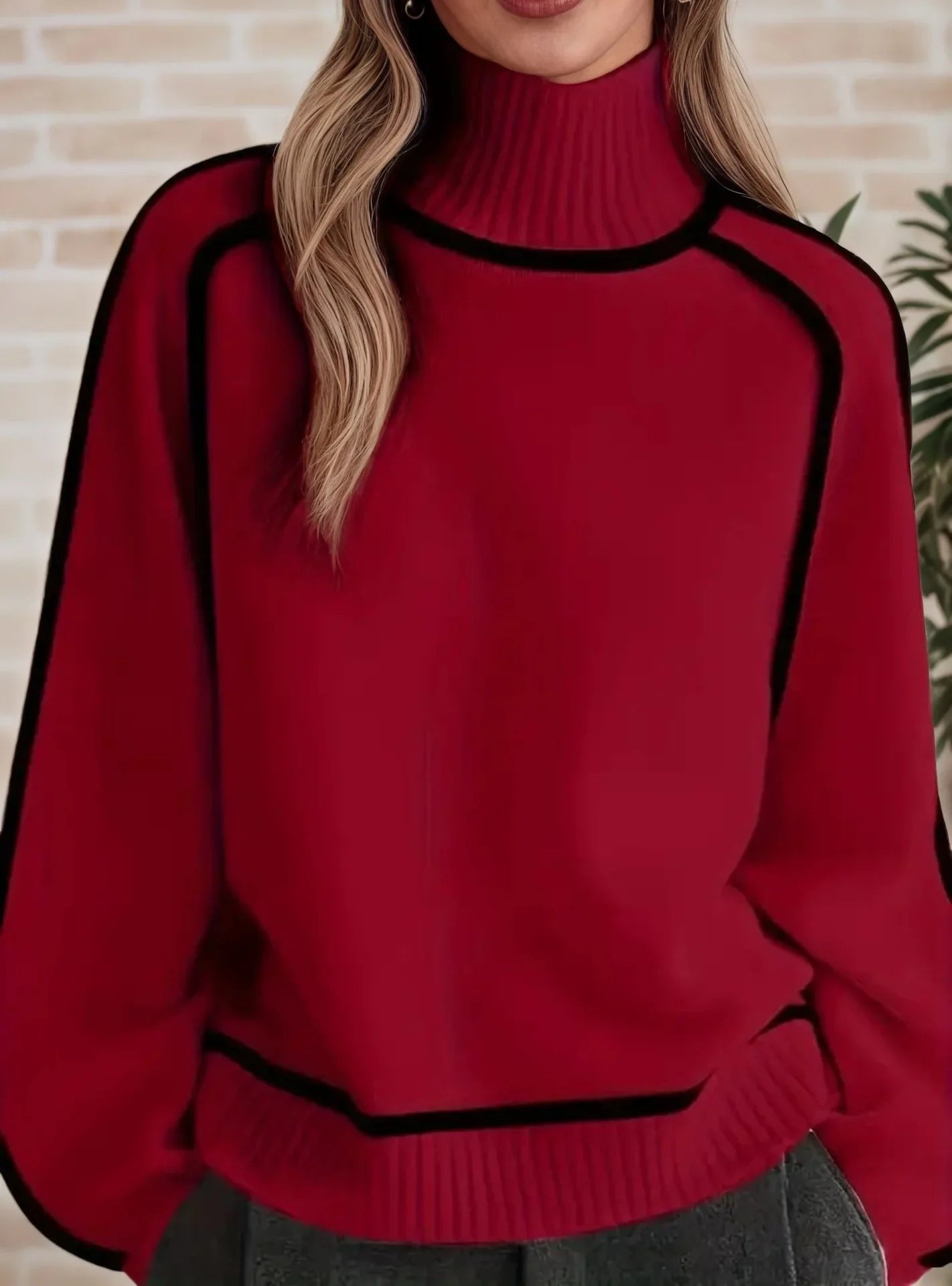 Comfortable Contrast Piping Sweater for Women with Turtleneck Long Sleeve Oversized Knit Style