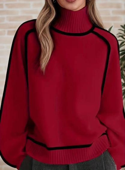 Comfortable Contrast Piping Sweater for Women with Turtleneck Long Sleeve Oversized Knit Style
