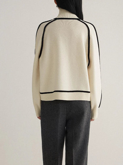 Comfortable Contrast Piping Sweater for Women with Turtleneck Long Sleeve Oversized Knit Style
