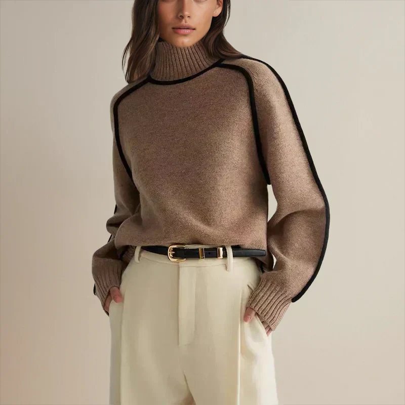 Comfortable Contrast Piping Sweater for Women with Turtleneck Long Sleeve Oversized Knit Style