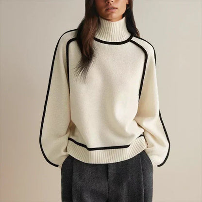 Comfortable Contrast Piping Sweater for Women with Turtleneck Long Sleeve Oversized Knit Style