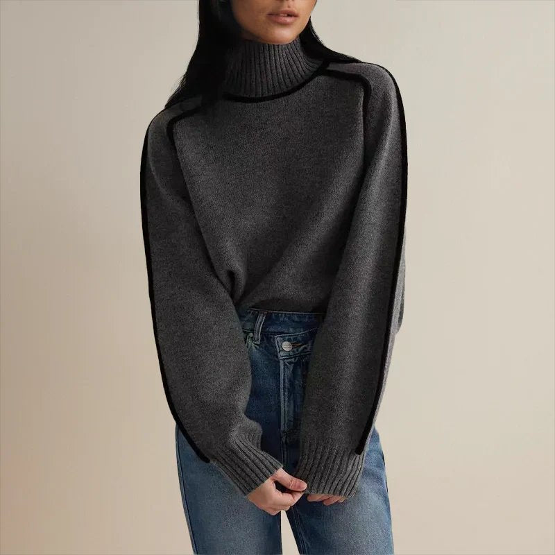 Comfortable Contrast Piping Sweater for Women with Turtleneck Long Sleeve Oversized Knit Style