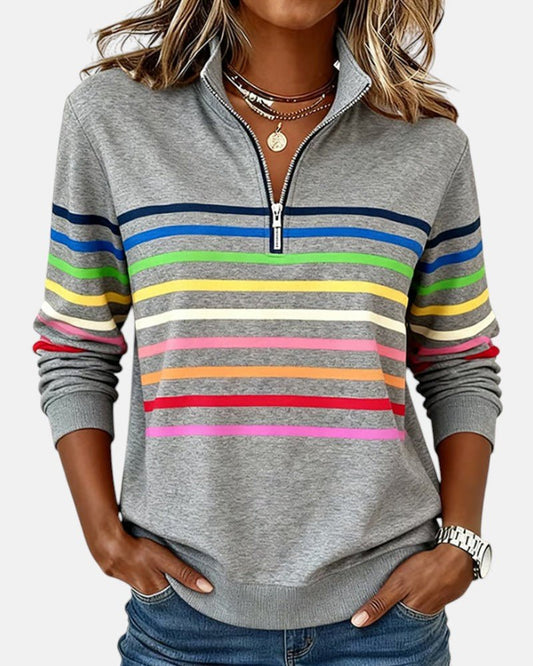 Comfortable Rainbow Striped Pullover for Women with High Neck Long Sleeve Quarter Zip Casual Style