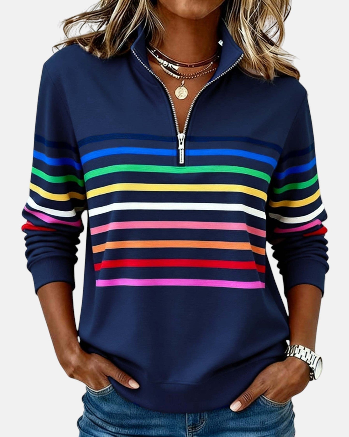 Comfortable Rainbow Striped Pullover for Women with High Neck Long Sleeve Quarter Zip Casual Style
