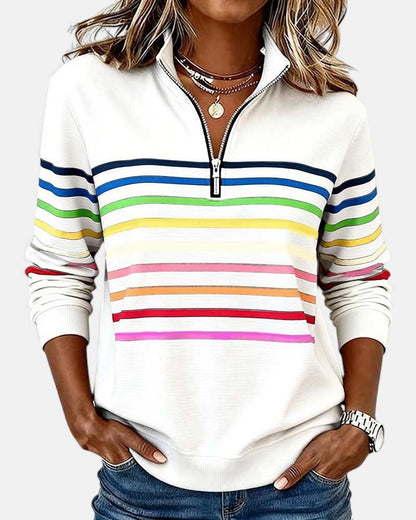Comfortable Rainbow Striped Pullover for Women with High Neck Long Sleeve Quarter Zip Casual Style