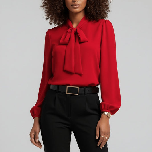 Elegant Tie Neck Blouse for Women with Long Sleeve Blouson Cuff Relaxed Silky Style