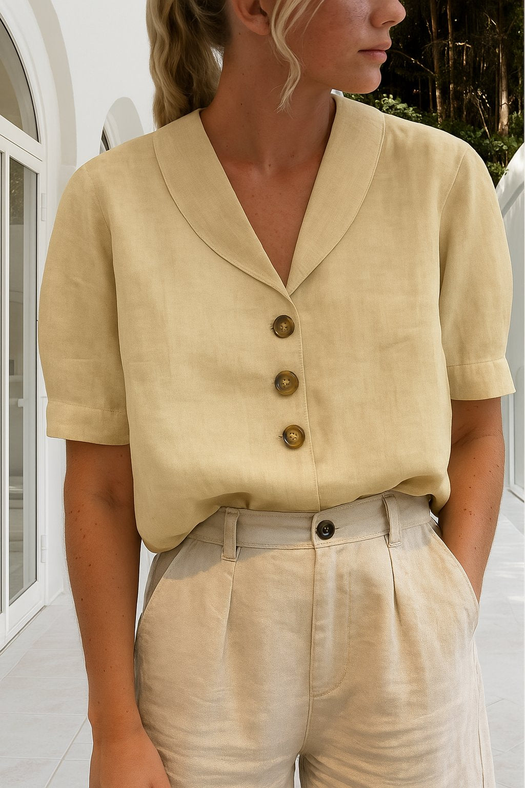 Effortless Linen Blouse for Women with Shawl Collar Short Sleeve Button Front Relaxed Style