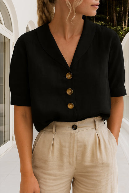 Effortless Linen Blouse for Women with Shawl Collar Short Sleeve Button Front Relaxed Style