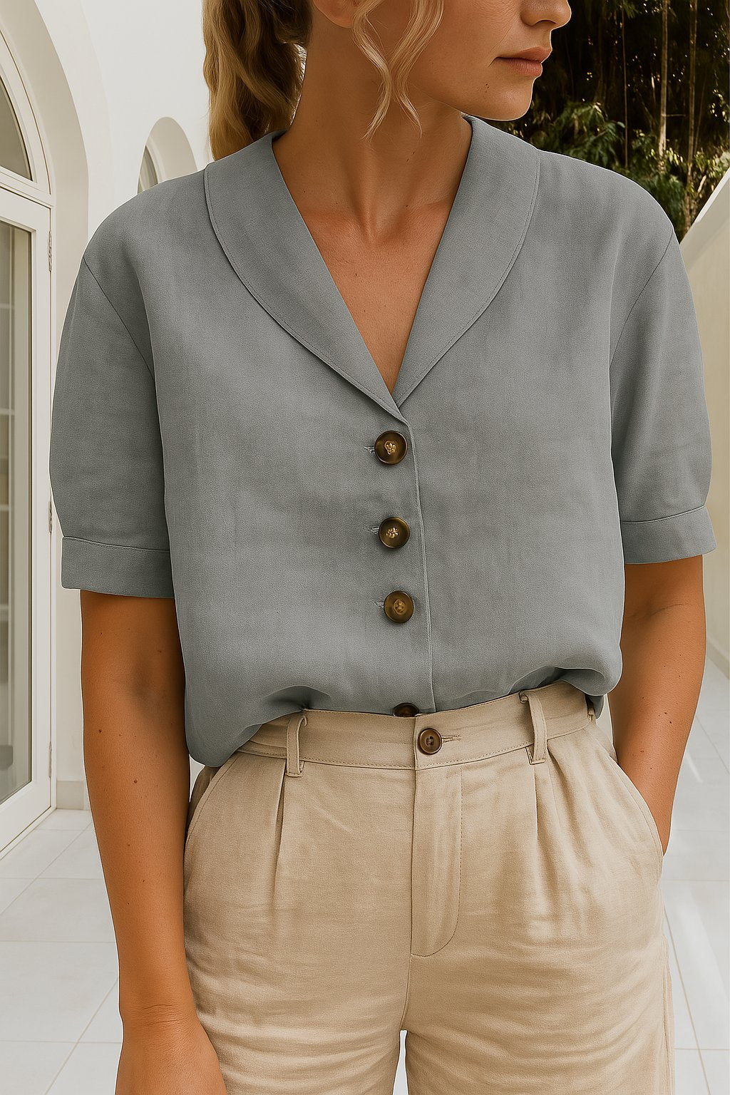 Effortless Linen Blouse for Women with Shawl Collar Short Sleeve Button Front Relaxed Style