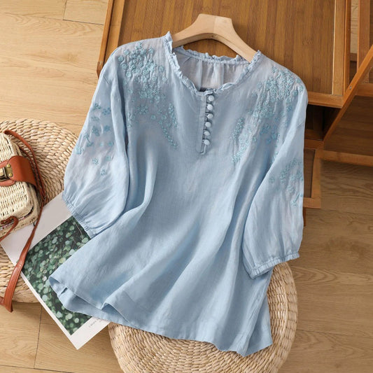 Effortless Embroidered Linen Blouse for Women with Ruffled V Neck Half Sleeve Button Front Casual Style
