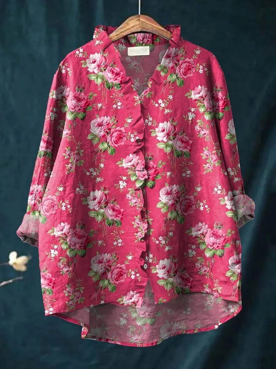 Effortless Pink Floral Blouse for Women with Ruffled V Neck Long Sleeve High Low Relaxed Style