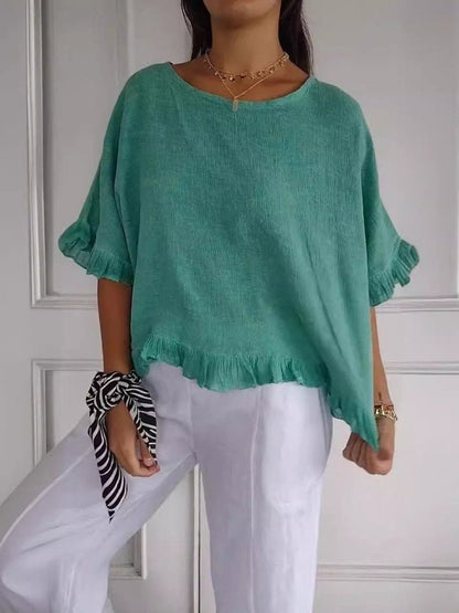 Effortless Linen Blouse for Women with Scoop Neck Elbow Sleeve Ruffled Hem Relaxed Style