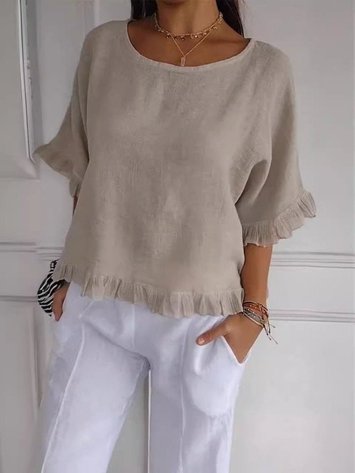 Effortless Linen Blouse for Women with Scoop Neck Elbow Sleeve Ruffled Hem Relaxed Style