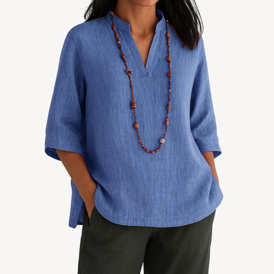 Effortless Linen Tunic Blouse for Women with Mandarin Collar Elbow Sleeve Relaxed Flowing Style