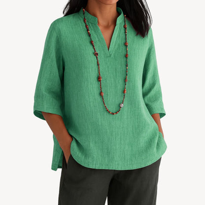 Effortless Linen Tunic Blouse for Women with Mandarin Collar Elbow Sleeve Relaxed Flowing Style