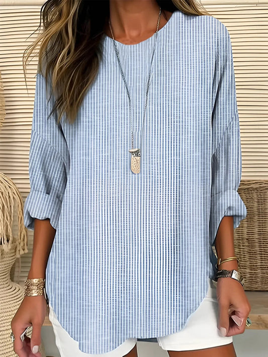 Effortless Striped Tunic Blouse for Women with Round Neck Elbow Sleeve Curved Hem Relaxed Style