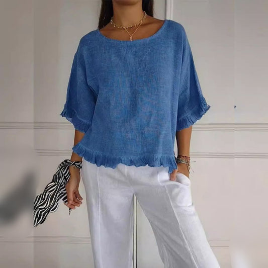 Effortless Linen Blouse for Women with Round Neck Ruffle Sleeve Relaxed Oversized Style