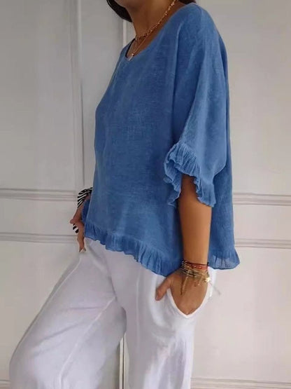 Effortless Linen Blouse for Women with Round Neck Ruffle Sleeve Relaxed Oversized Style