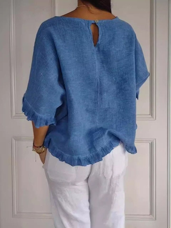 Effortless Linen Blouse for Women with Round Neck Ruffle Sleeve Relaxed Oversized Style