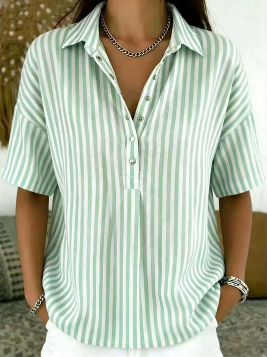 Effortless Striped Blouse for Women with Collar Neck Short Sleeve Button Front Relaxed Style