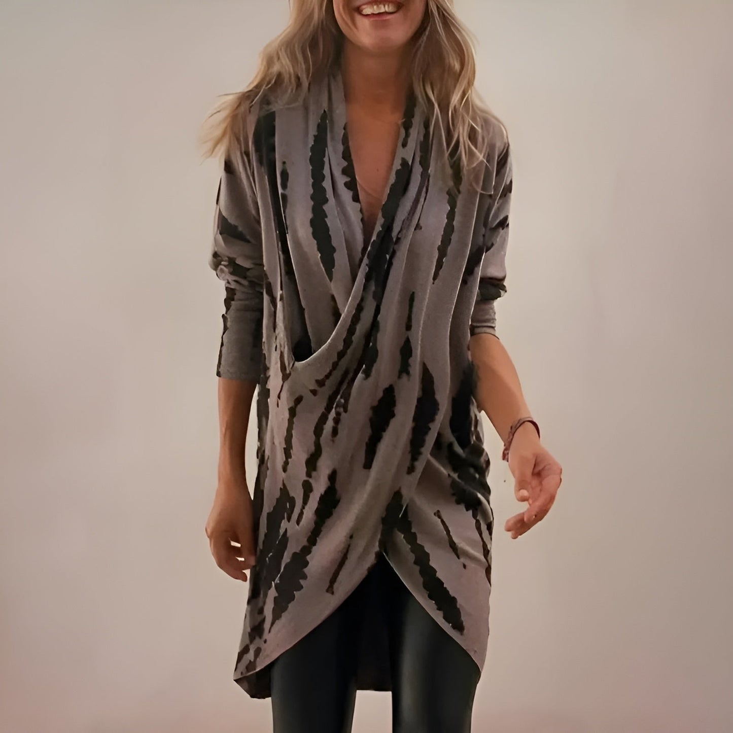 Effortless Gray Tie Dye Wrap Cardigan for Women with Cowl Neck Long Sleeve Draped Asymmetrical Hem Bohemian Style