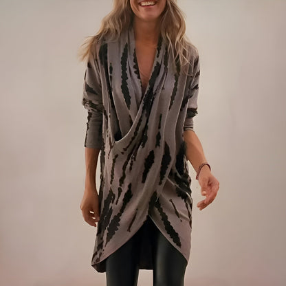 Effortless Gray Tie Dye Wrap Cardigan for Women with Cowl Neck Long Sleeve Draped Asymmetrical Hem Bohemian Style