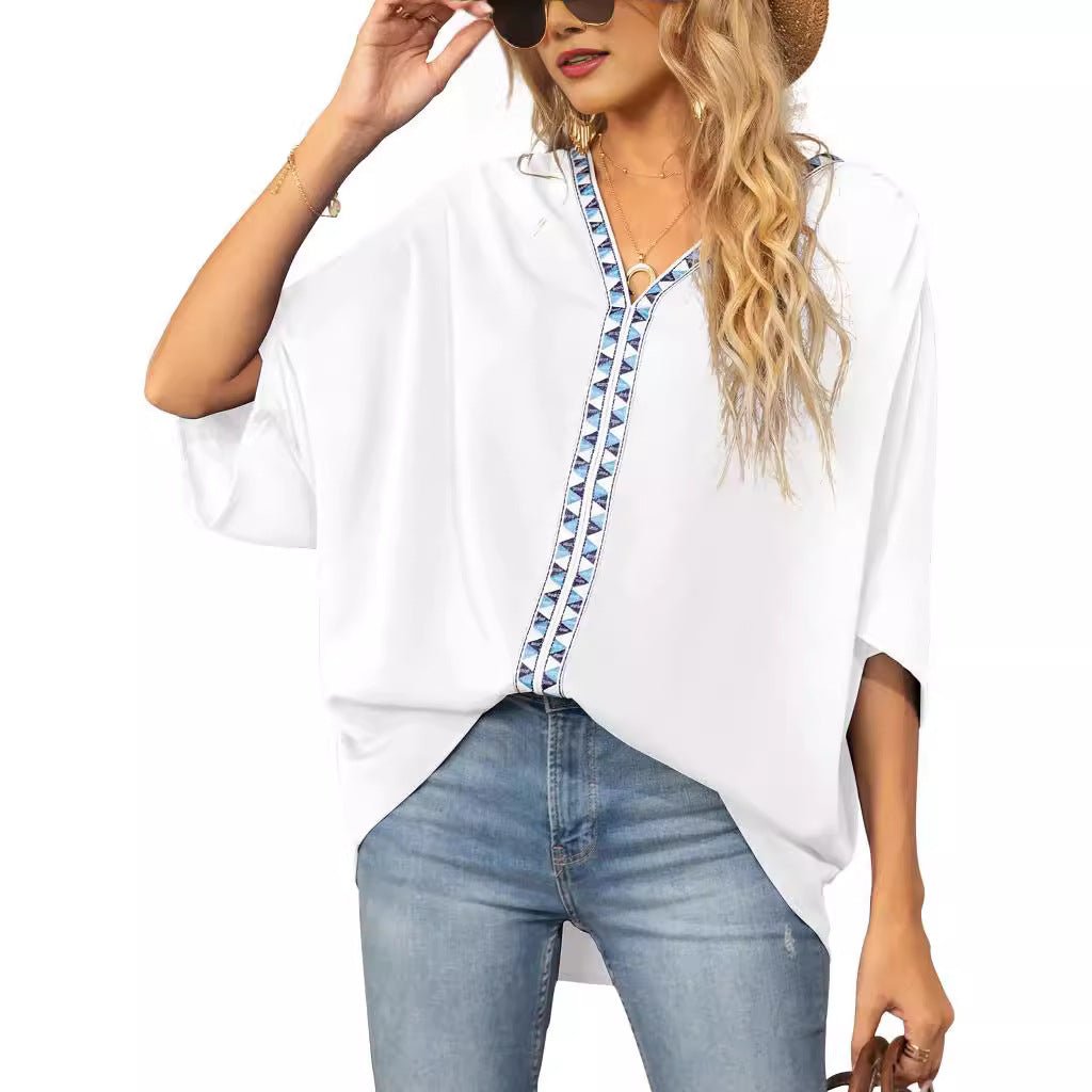 Effortless Embroidered Trim Blouse for Women with V Neck Batwing Sleeve High Low Bohemian Style