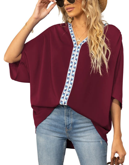 Effortless Embroidered Trim Blouse for Women with V Neck Batwing Sleeve High Low Bohemian Style