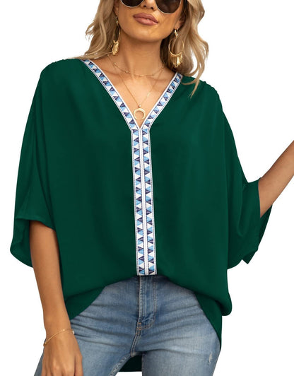 Effortless Embroidered Trim Blouse for Women with V Neck Batwing Sleeve High Low Bohemian Style