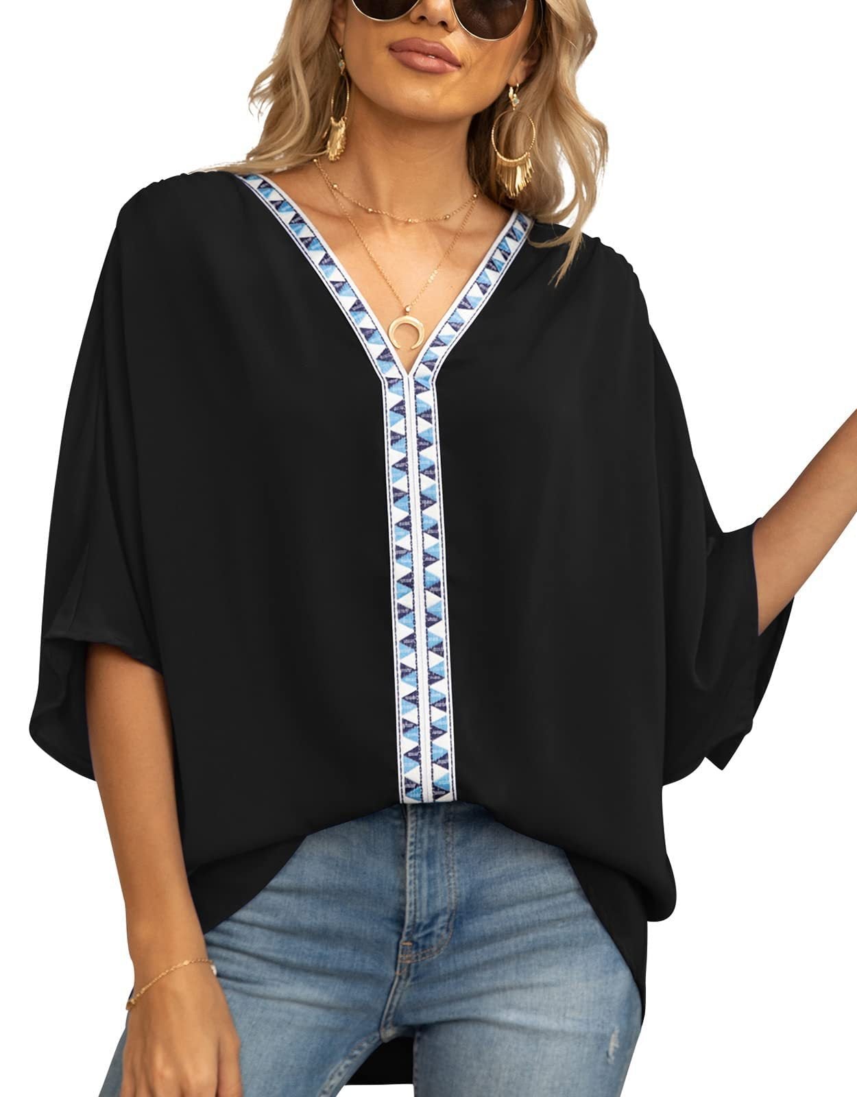 Effortless Embroidered Trim Blouse for Women with V Neck Batwing Sleeve High Low Bohemian Style