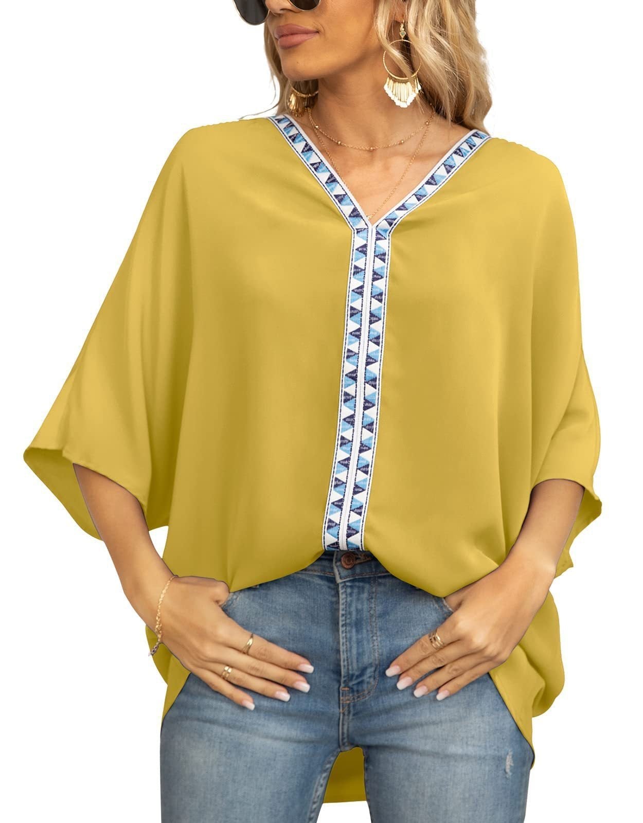 Effortless Embroidered Trim Blouse for Women with V Neck Batwing Sleeve High Low Bohemian Style