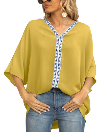 Effortless Embroidered Trim Blouse for Women with V Neck Batwing Sleeve High Low Bohemian Style