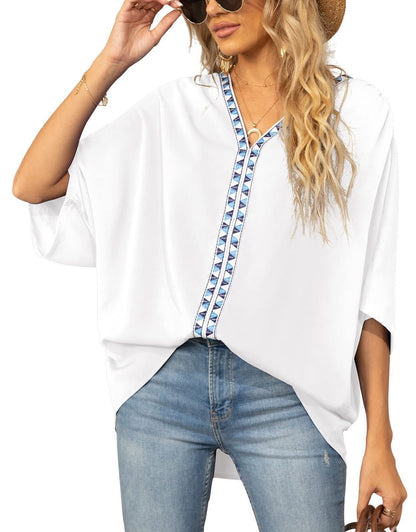 Effortless Embroidered Trim Blouse for Women with V Neck Batwing Sleeve High Low Bohemian Style