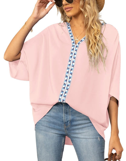 Effortless Embroidered Trim Blouse for Women with V Neck Batwing Sleeve High Low Bohemian Style