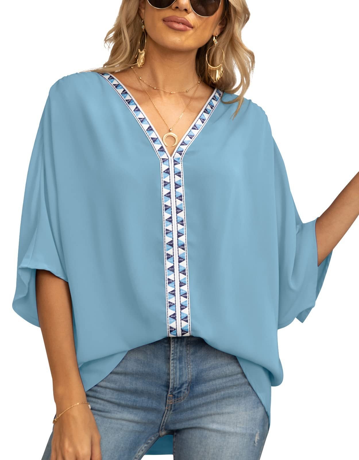 Effortless Embroidered Trim Blouse for Women with V Neck Batwing Sleeve High Low Bohemian Style